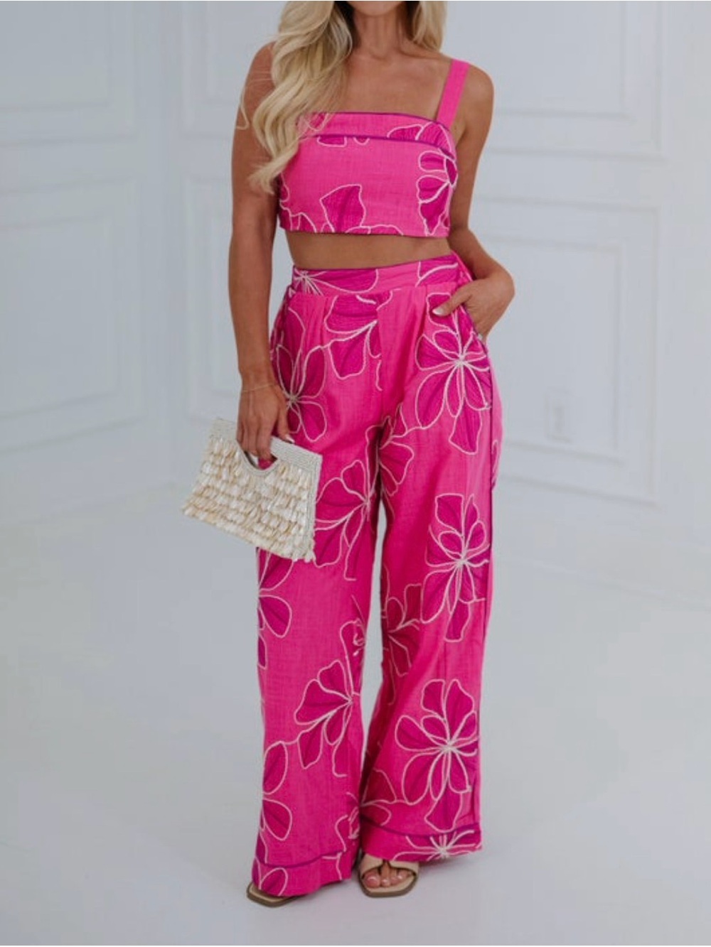 Hot Pink Floral Wide-Leg Pants - Two-Piece Set